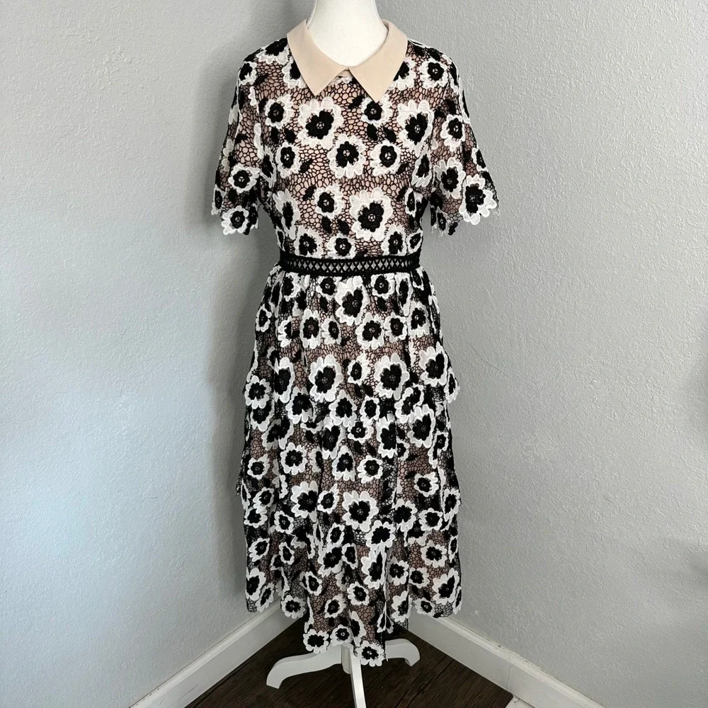 Just Me white black Floral Lace tiered Midi‎ Dress Beige Collar womens size med